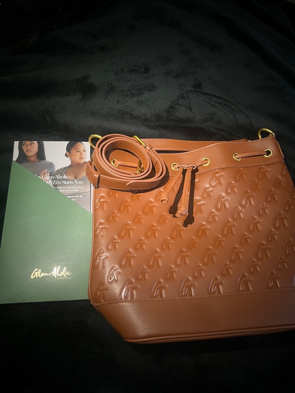 Brown Embossed Drawstring Shoulder Bag - Picture 3 of 6